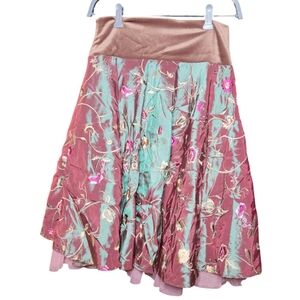 Oxblood & Shimmer Boho Floral A-Line Skirt with Velvet Waistband – 24” Length